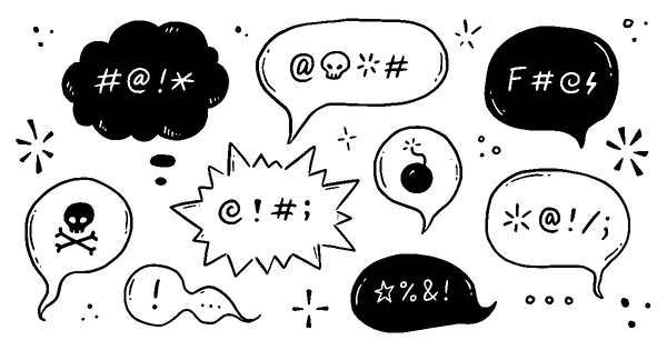 Happy doodle kids in a row with speech bubbles