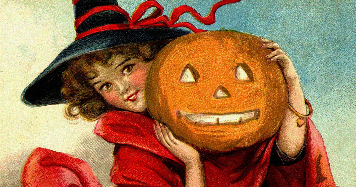 A vintage Halloween illustration of a child in a witch costume holding a jack-o-lantern