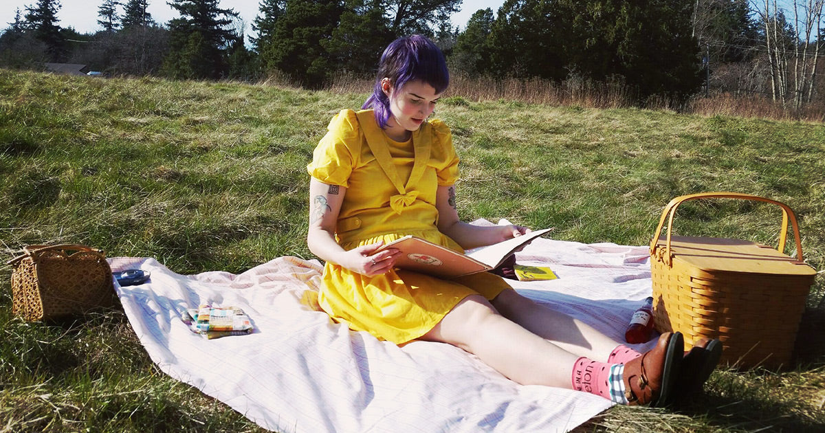 Pretty picnic socks worn on an outdoor picnic