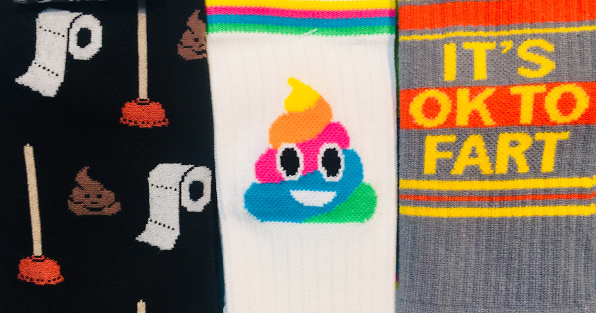 Toilet and poop emoji socks, plus retro gym socks that say "It's OK to fart."