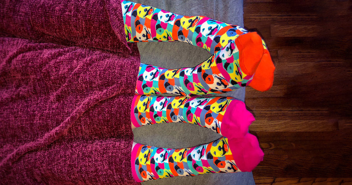 Four feet in colorful socks in a dog theme poke out from under a red blanket