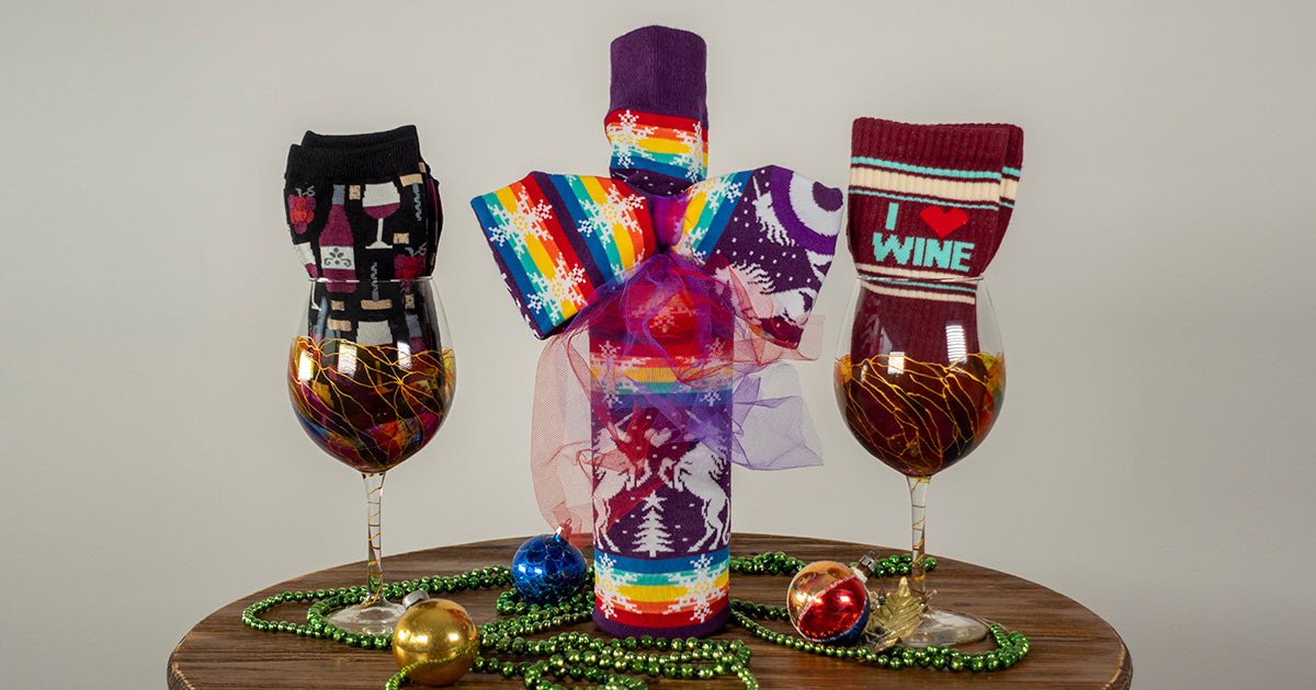For a refined gift, wrap wine bottles with fun socks!