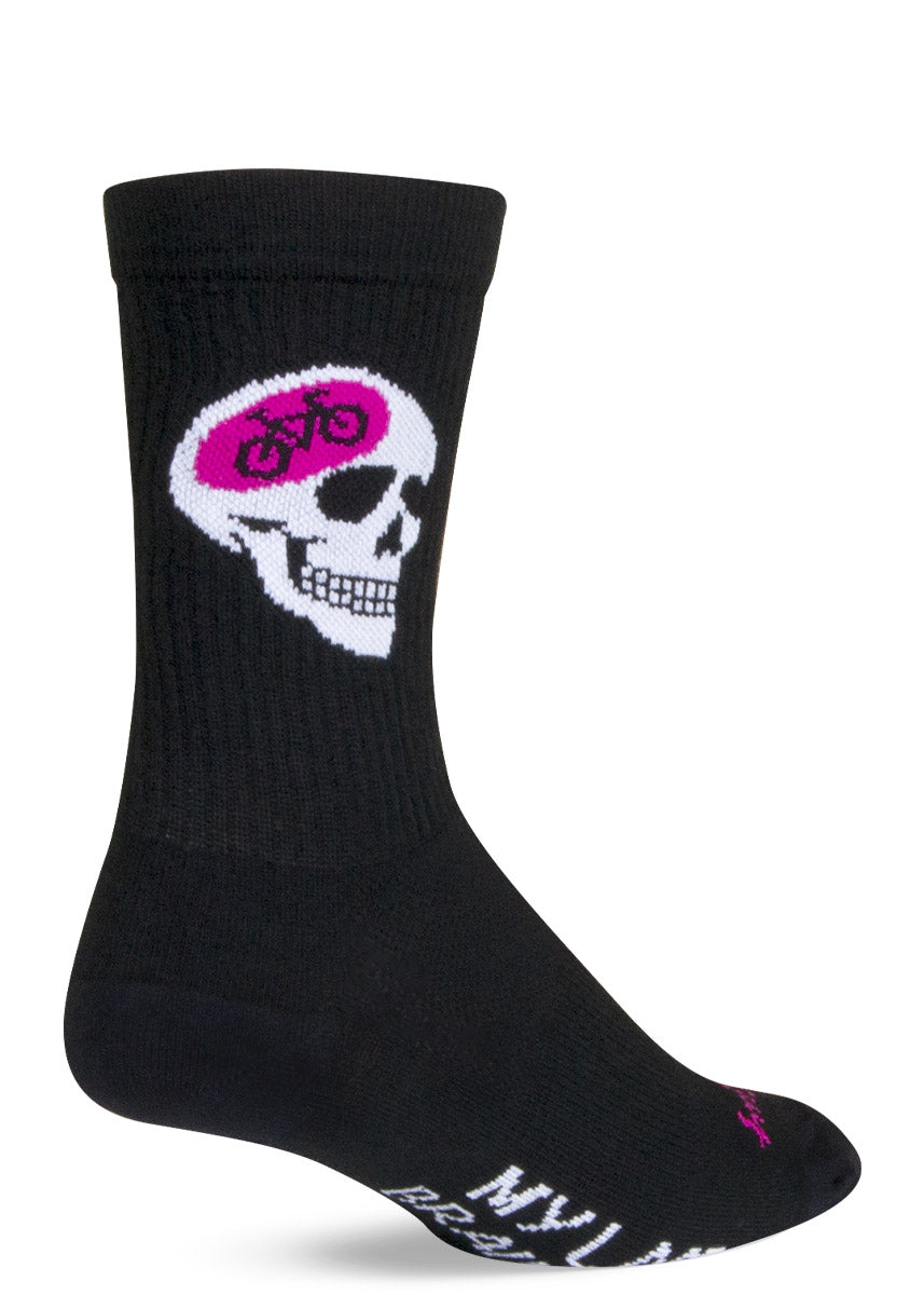 Black athletic crew socks featuring a white skull with a bike inside its pink brain, and the words "My Last Braincell" written on the bottom of the foot.