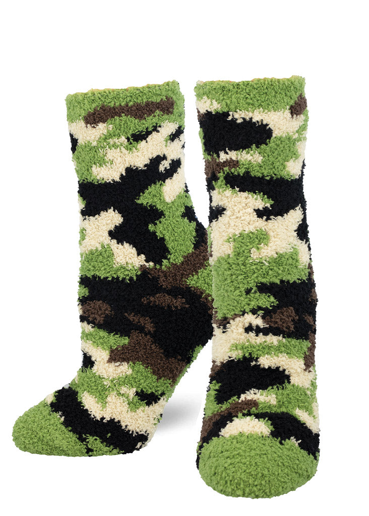 Fuzzy camouflage crew socks in traditional camo colors of mossy green, cream, brown and black.