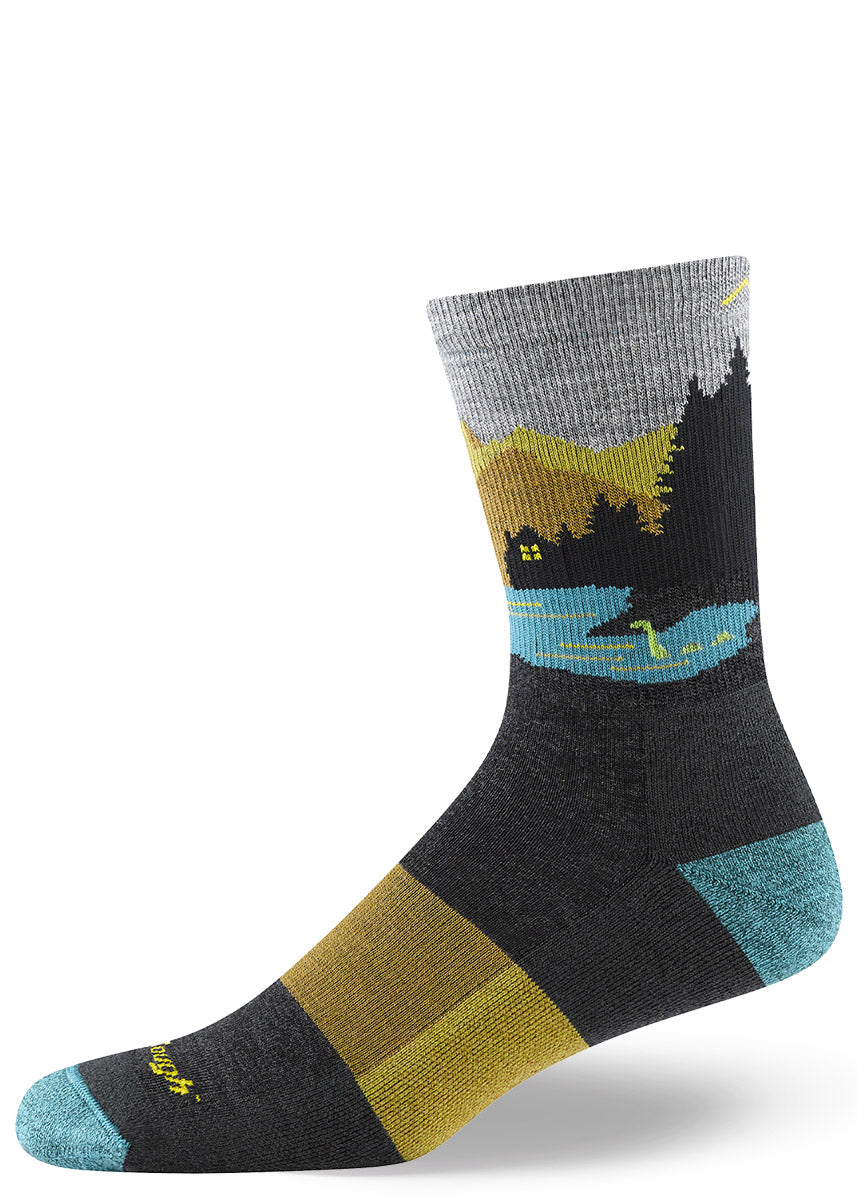 Men's crew hiking socks depict Sasquatch and an alien drinking beer while the Loch Ness Monster looks on, in shades of gray, gold and aqua.