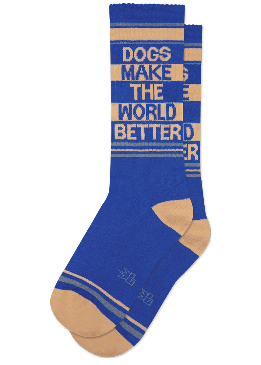 Royal blue retro gym socks with tan and gray stripes and the phrase “DOGS MAKE THE WORLD BETTER" on the leg.