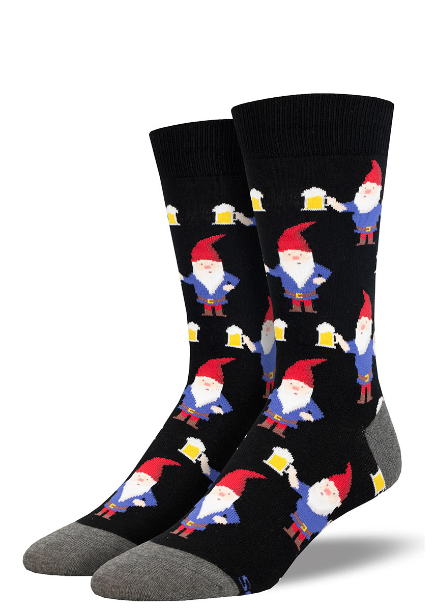 Men's crew socks with an allover pattern of garden gnomes wearing blue coats and red hats while holding mugs of beer.