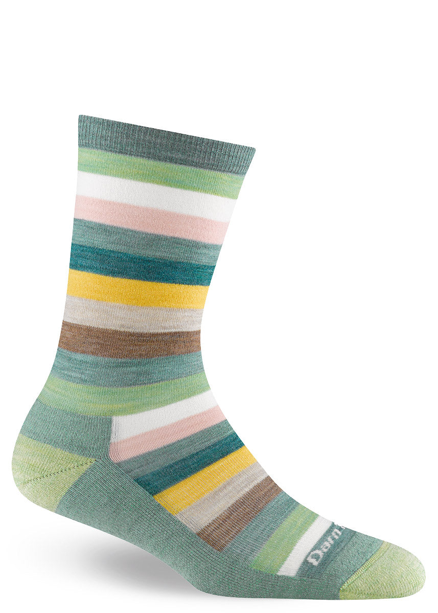 Women&#39;s wool crew socks with stripes in soothing colors including seafoam green, teal, aqua, yellow, pink, white and taupe.