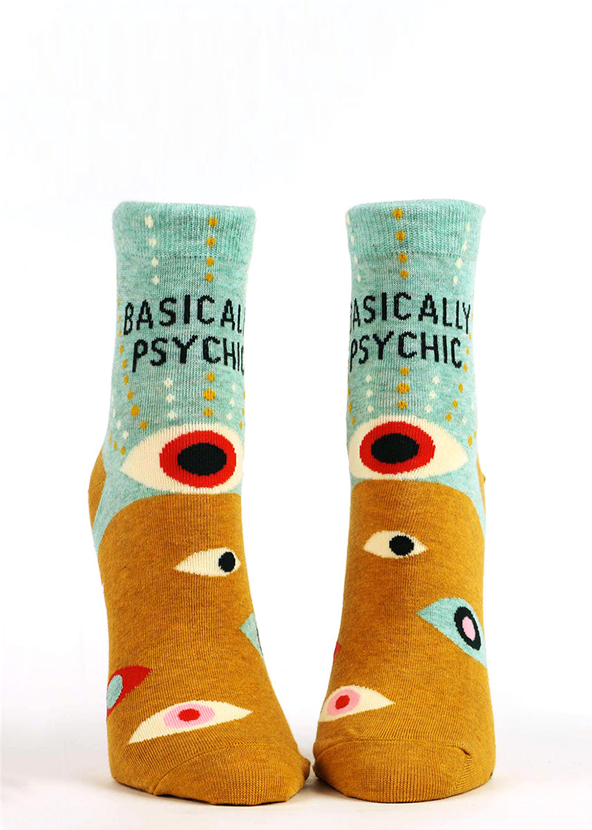 Funny ankle socks feature a design of abstract eyes with the words, "Basically Psychic."