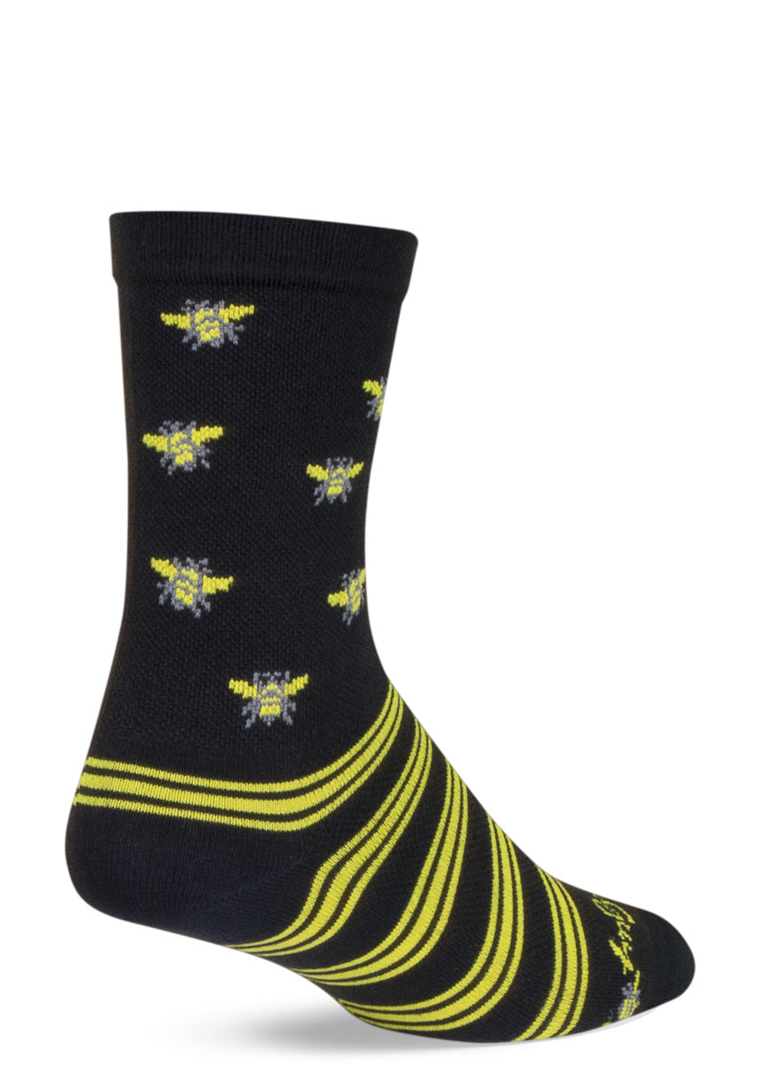 Athletic socks for men feature honeybees and yellow stripes on a black background.