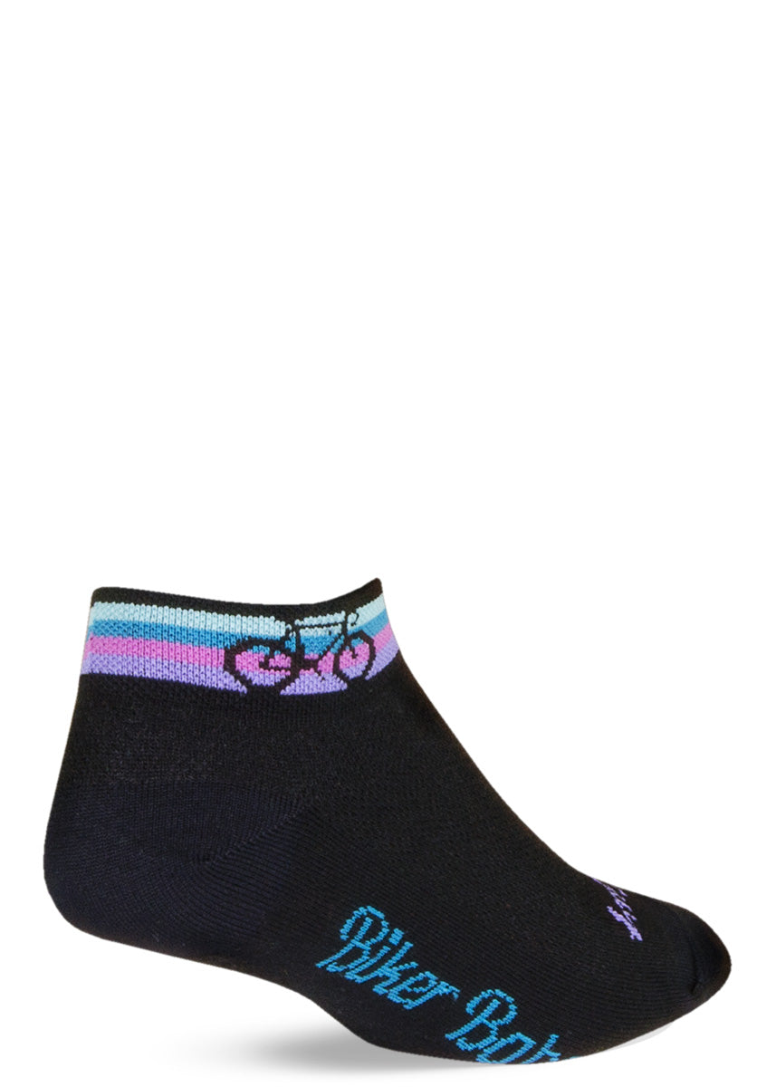 Black ankle socks for women with a colorful cuff featuring a tiny bicycle and the words, "Biker Babe" on the bottom of the foot.