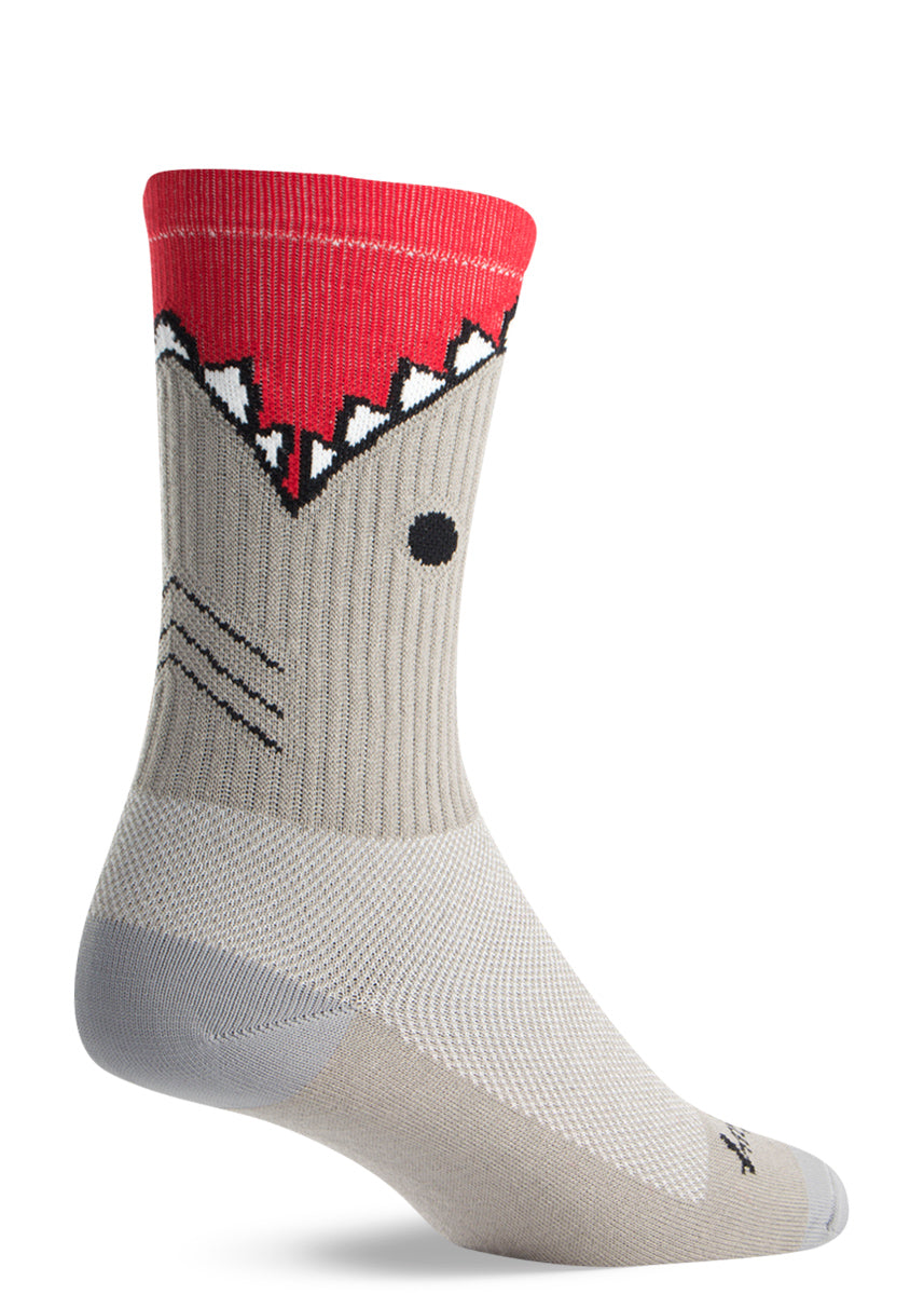 Funny shark socks that look like a shark is biting your leg on athletic crew socks