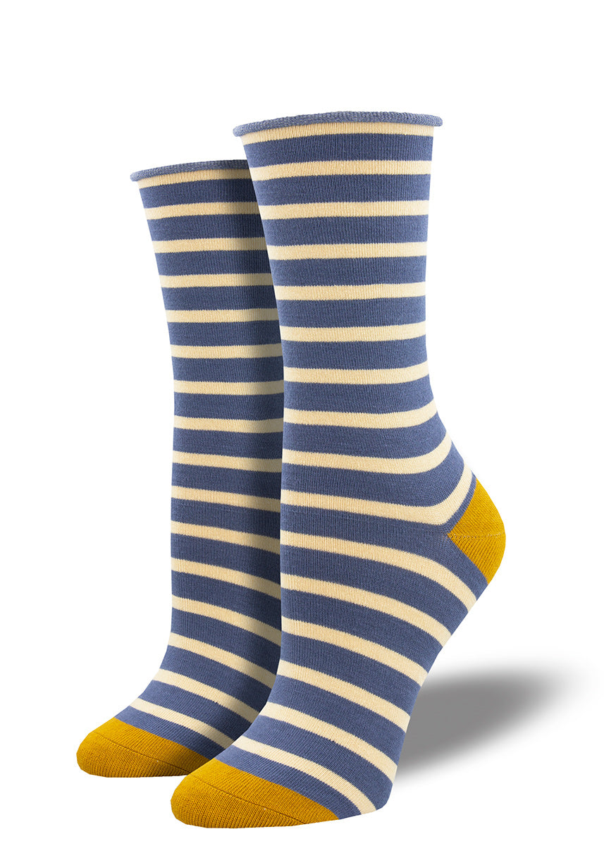 Bamboo socks for women feature black and white stripes with a roll-top cuff.