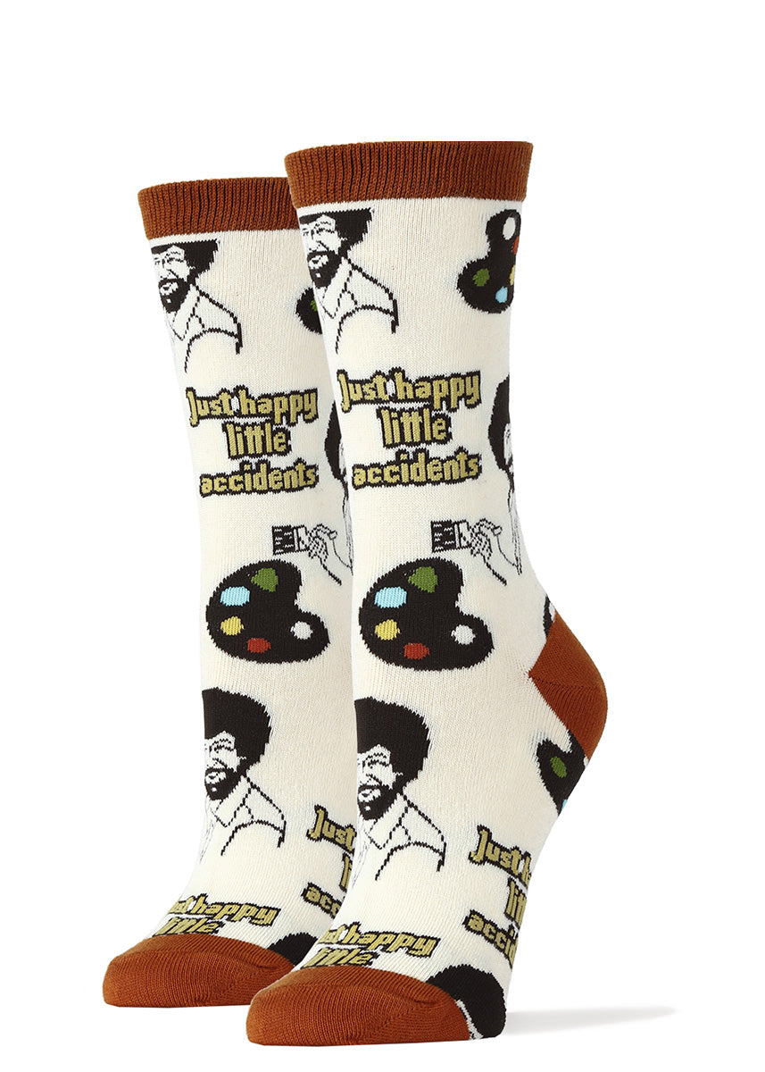 Bob Ross socks for women with painter&#39;s palettes and the words &quot;just happy little accidents.&quot;