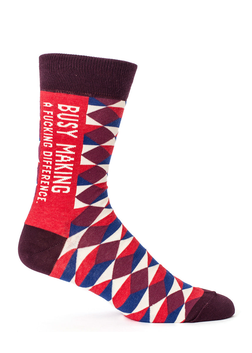 Funny men's "Busy making a fucking difference" socks with swear words on a red background