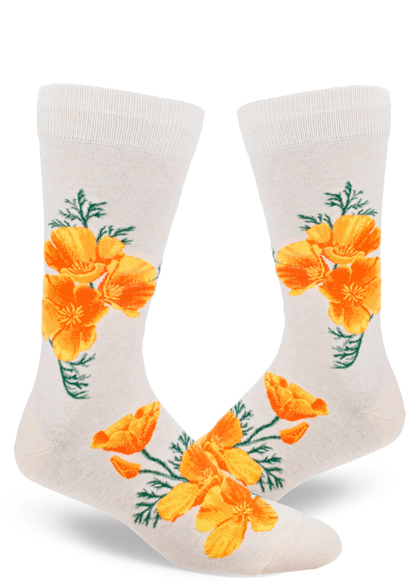 Heather cream men's novelty crew socks with a pattern of California poppy flowers.