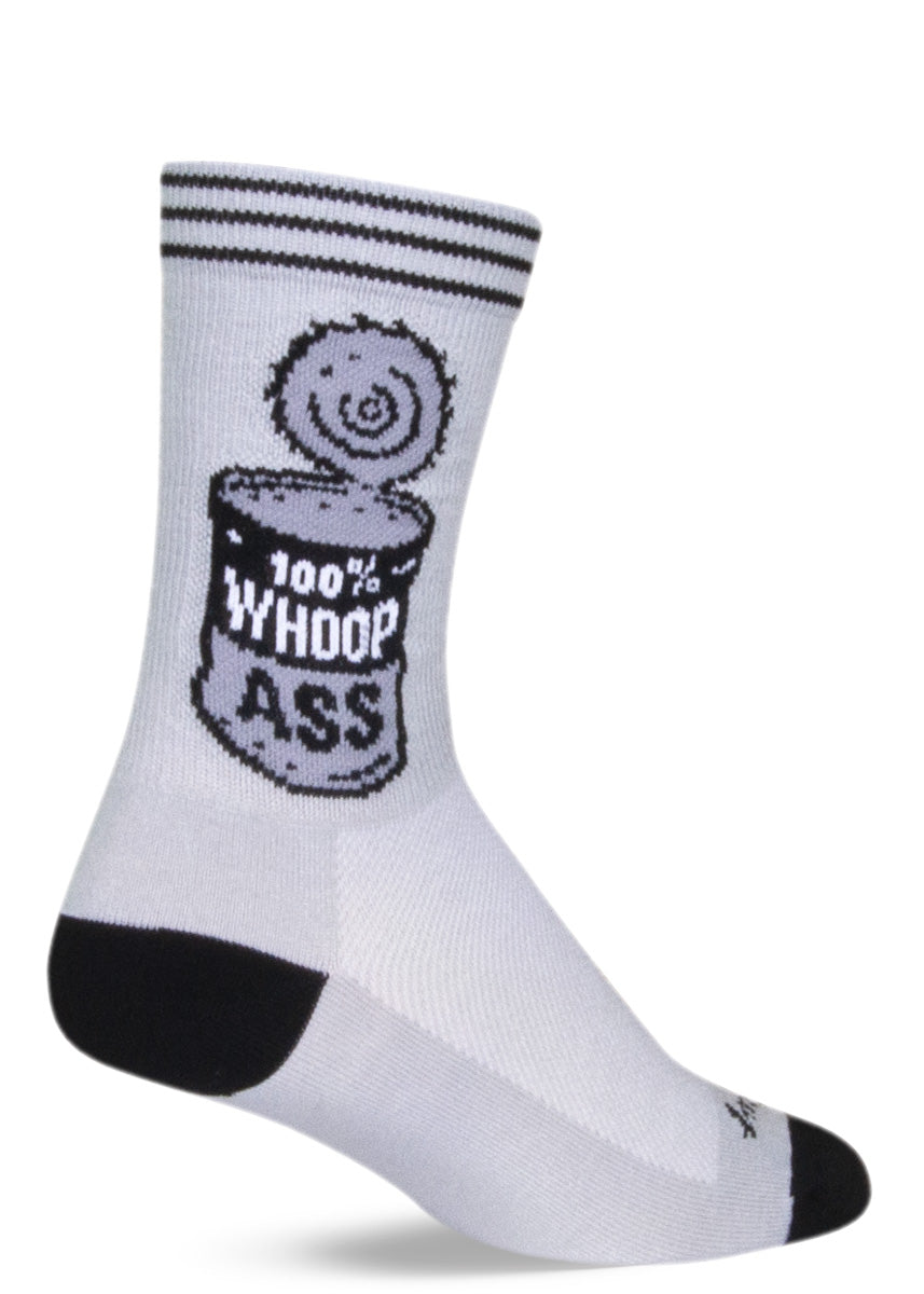 Funny crew socks with an image of a tin can with the words “100% WHOOP ASS” written on the side.