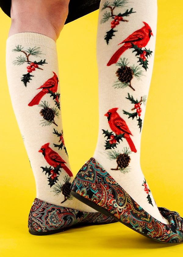 Cardinal Knee Socks | Winter Bird Christmas Socks - Cute But Crazy