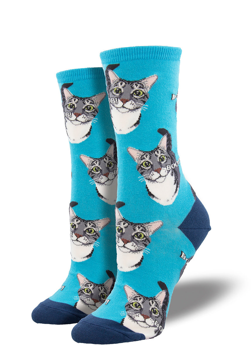 Cute cat socks for women feature adorable gray kittens with the word "Boop!"