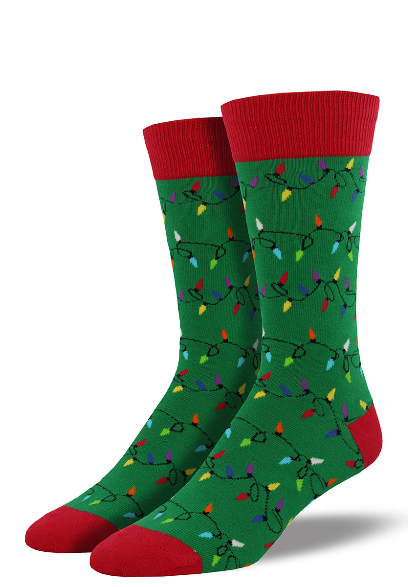 Green and red men's Christmas socks with Christmas lights