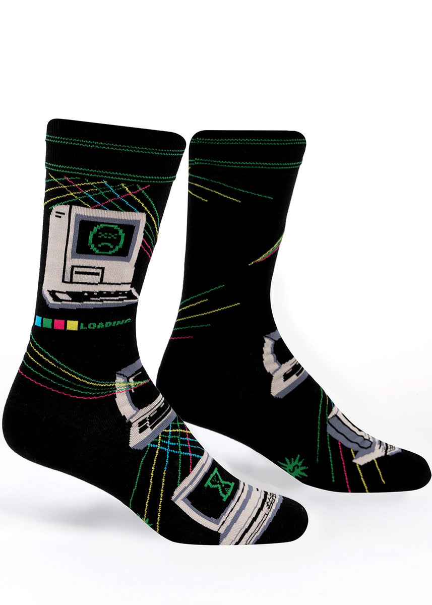 Tech socks for men show an old-school computer with a frowny-face error screen and a loading bar.