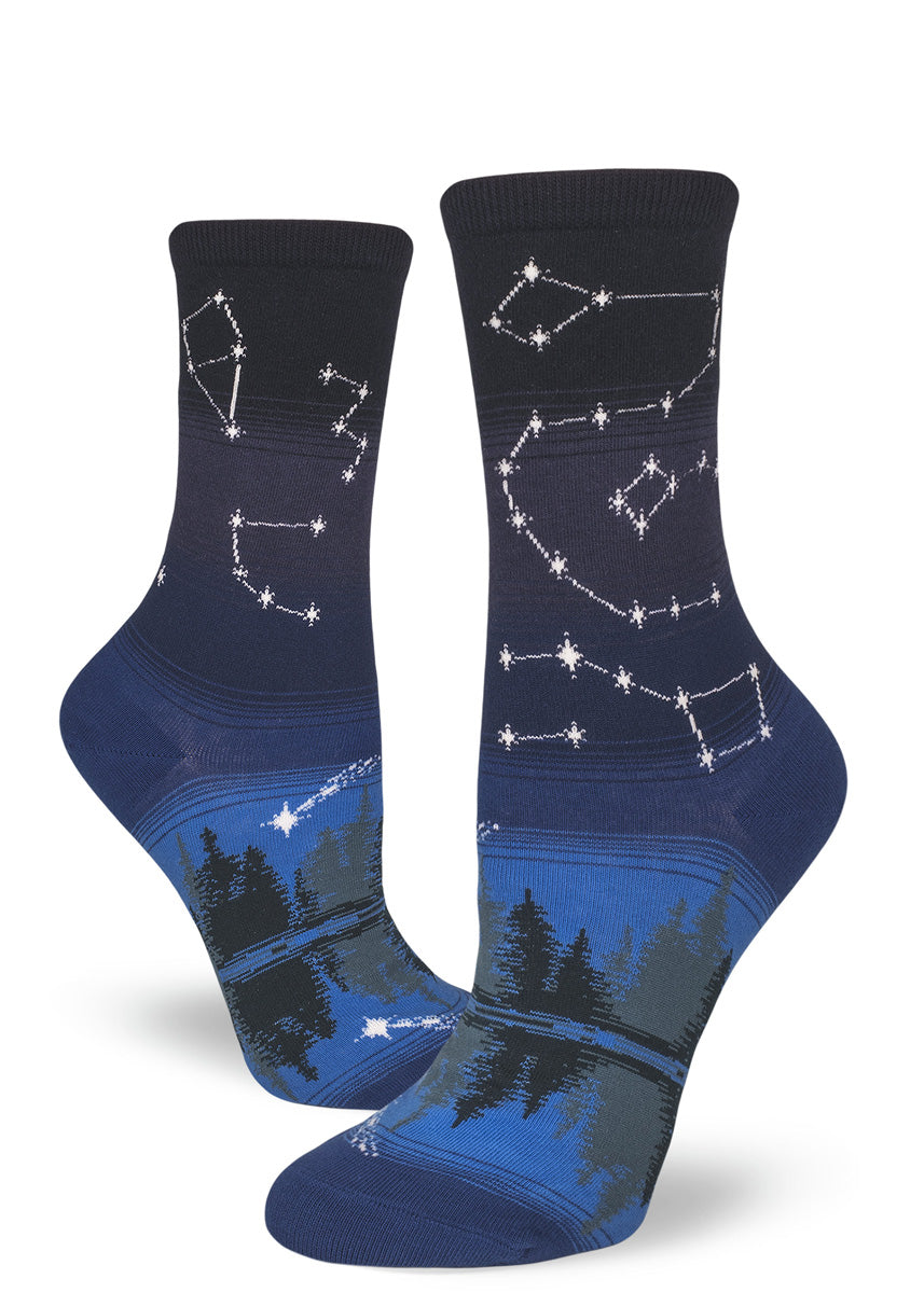Women&#39;s constellation socks with stars glittering in the night sky.