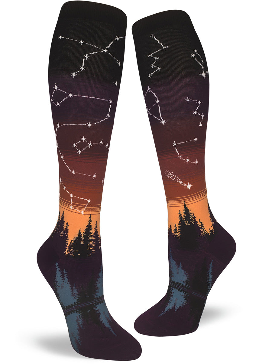 Astronomy socks for women with constellations on a sunset background.