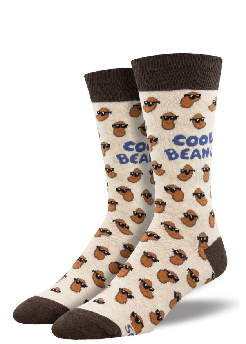 Funny socks for men with beans wearing sunglasses and the words “Cool Beans.&quot;