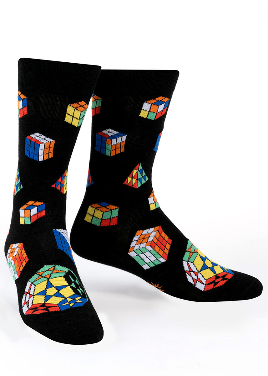 Crew socks for men are covered in a variety of different puzzle games including rainbow cubes!