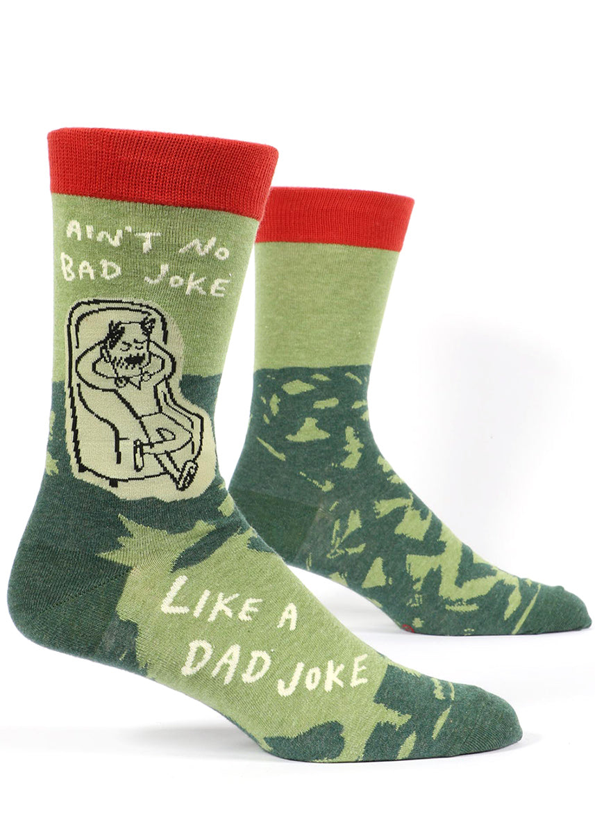 Funny dad joke socks for men with the words "Ain't no bad joke like a dad joke."