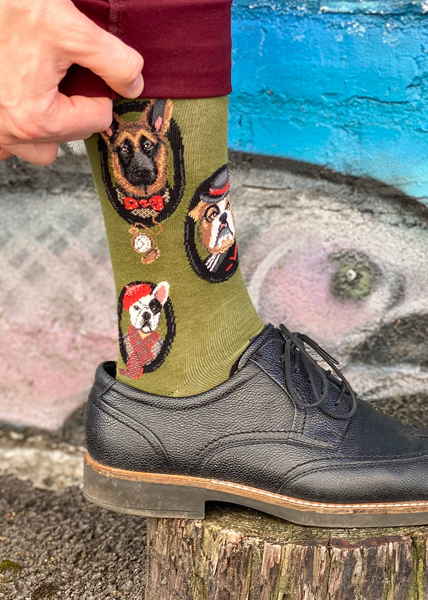 Dog socks for men with different dogs wearing clothes like fancy gentlemen