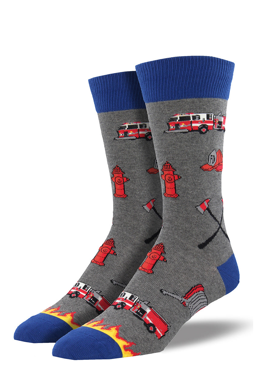 Men's firefighter socks with firetrucks and fire hydrants