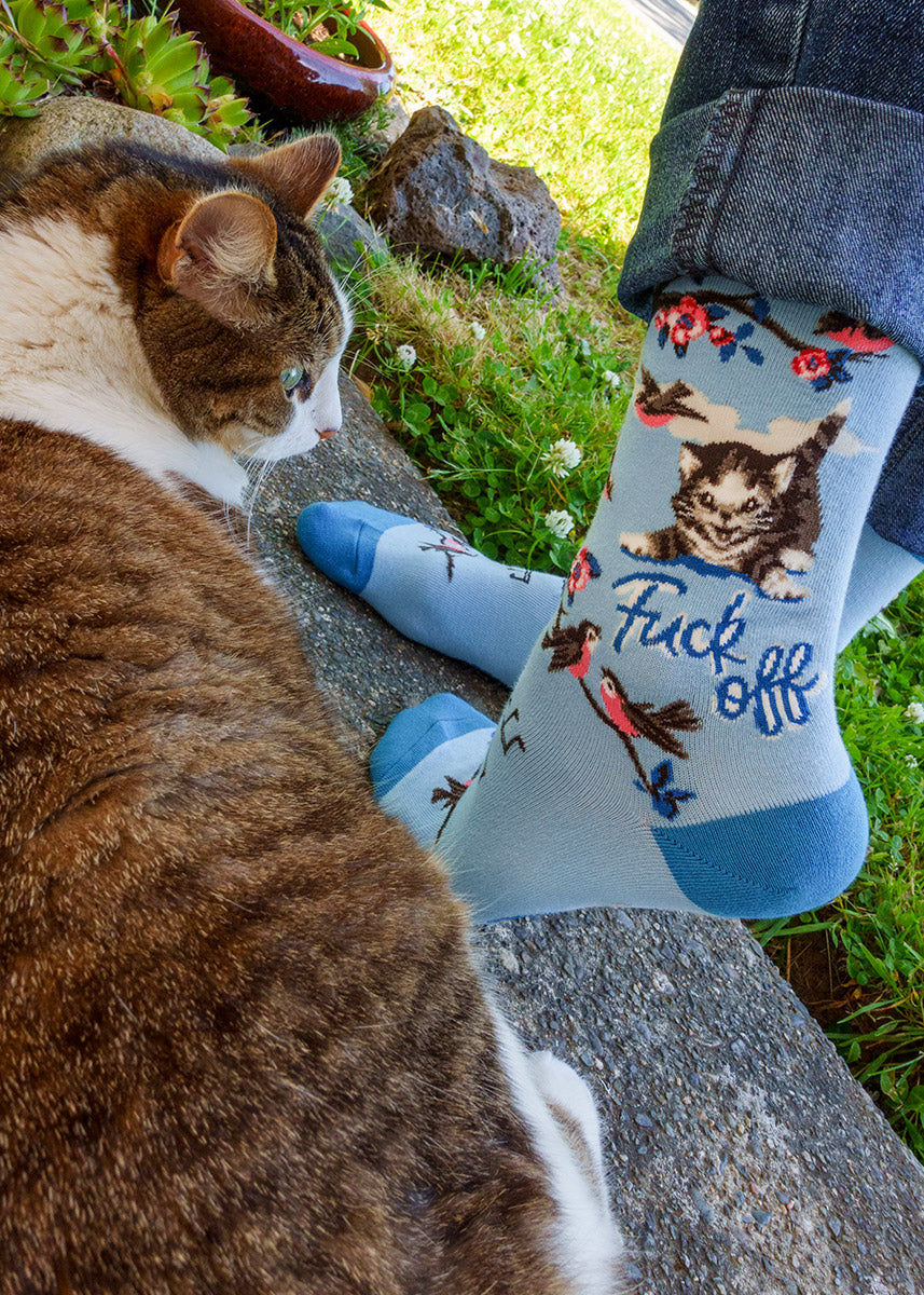 A model stands beside a brown and white cat, in a pair of baby blue socks with a darker heel and toe, with a vintage kitten and floral pattern with the words &quot;Fuck Off&quot; . 