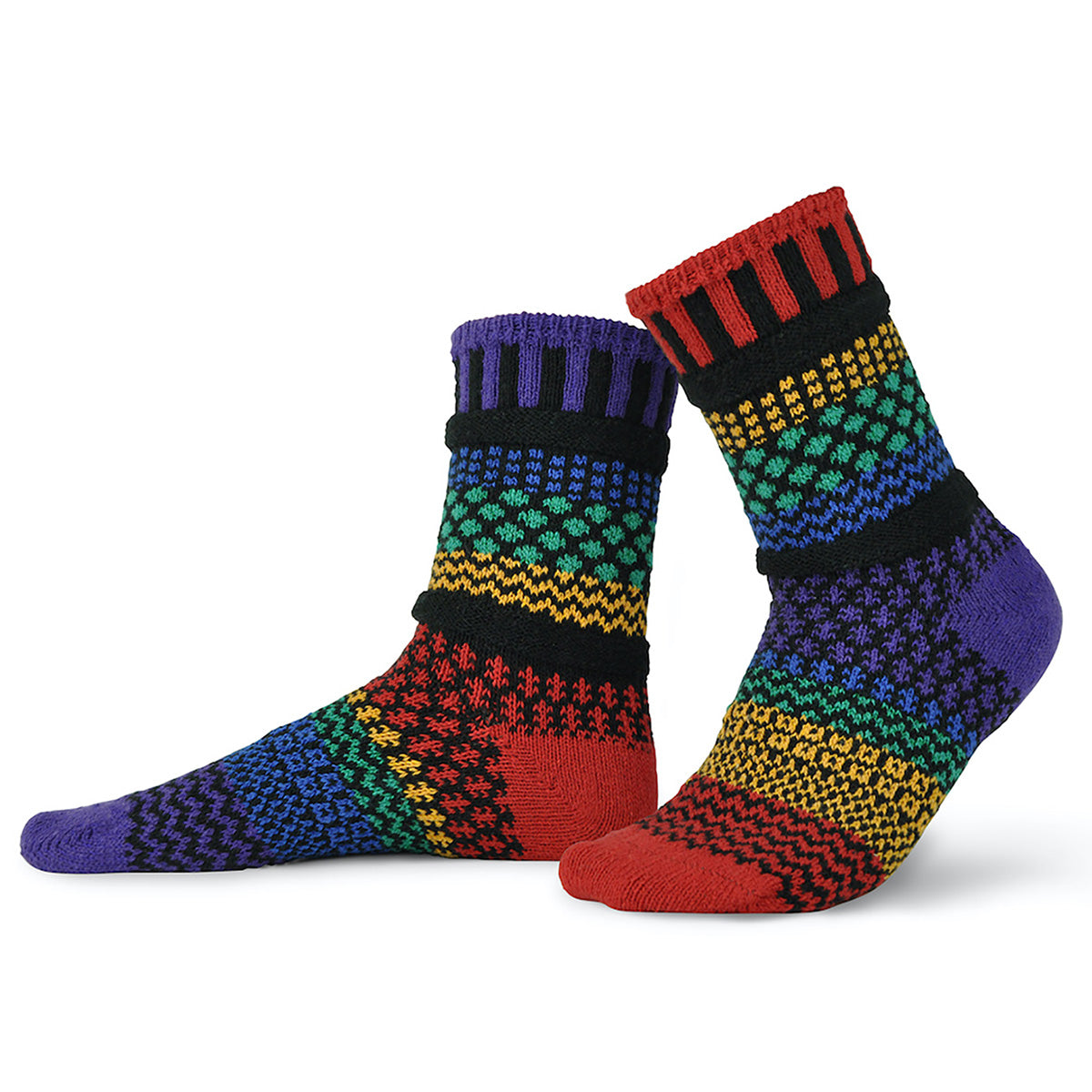 Rainbow pattern socks are delightfully mismatched but still complement each other.