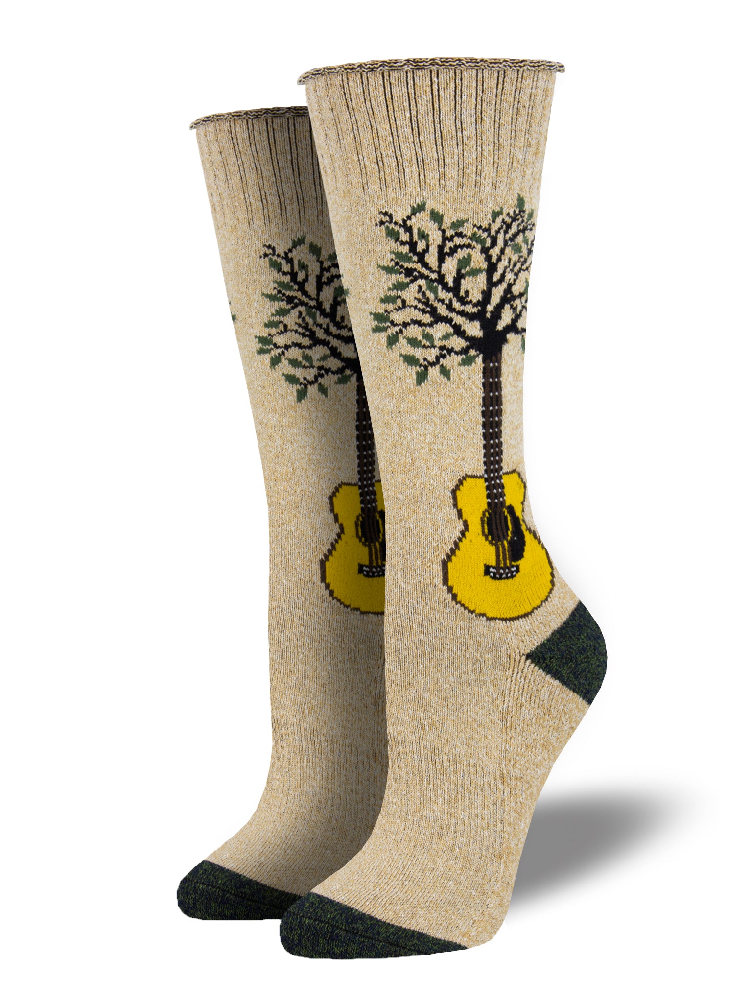 Crew socks feature a design of a guitar-tree and are made of recycled materials.