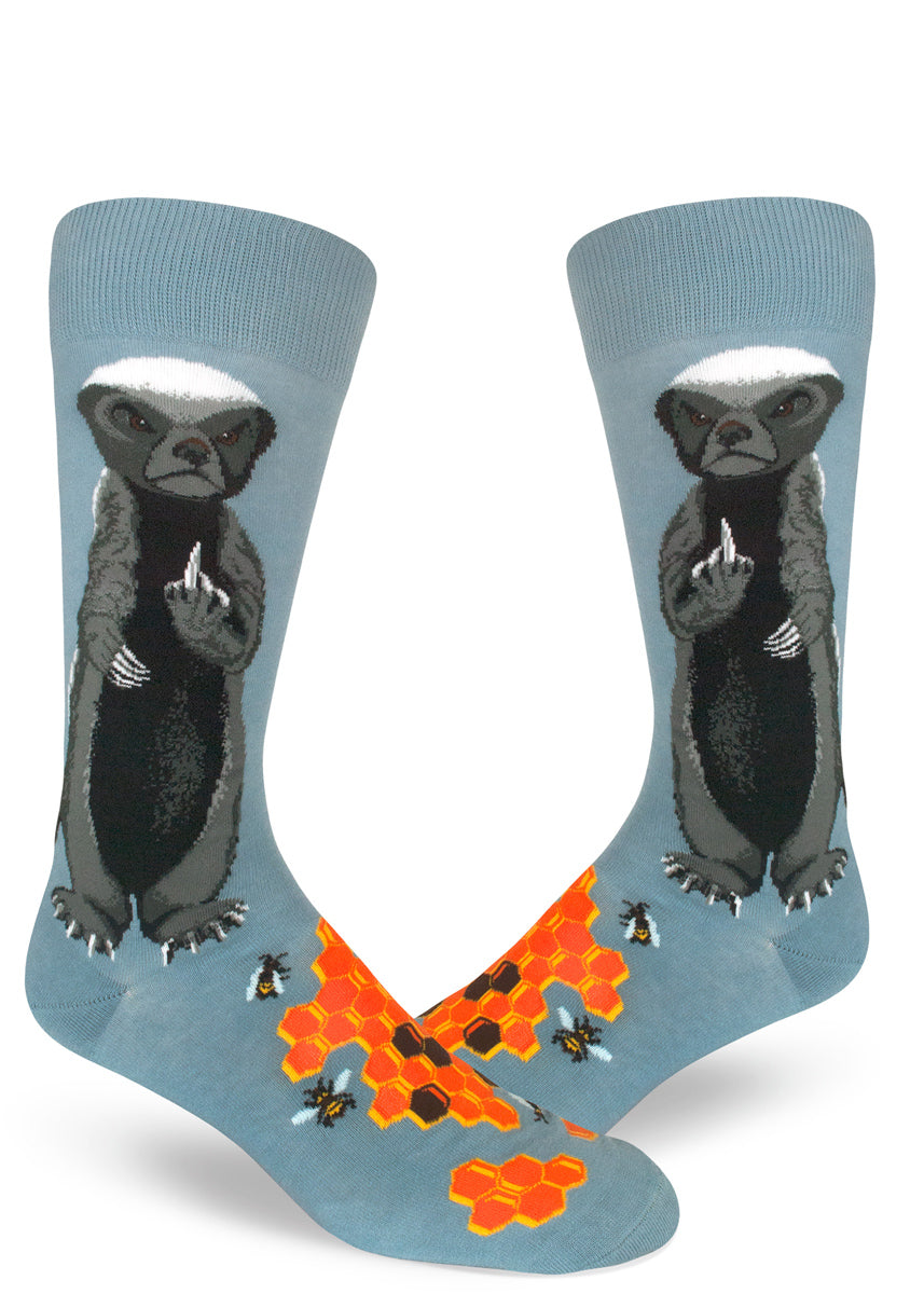 Funny honey badger socks for men with honey badgers who don't care flipping middle fingers with bees and honeycomb