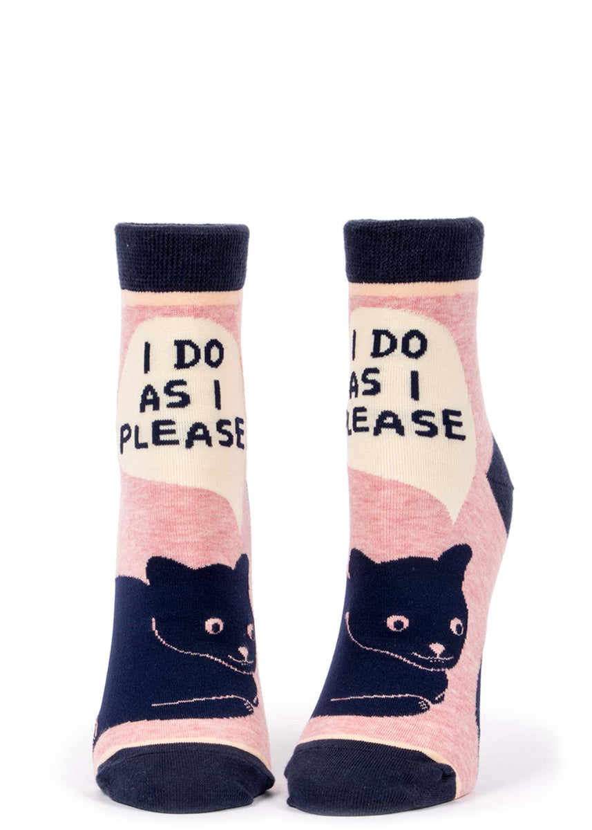 Cute clack cat ankle socks for women with a sassy cat that says "I do as I please."
