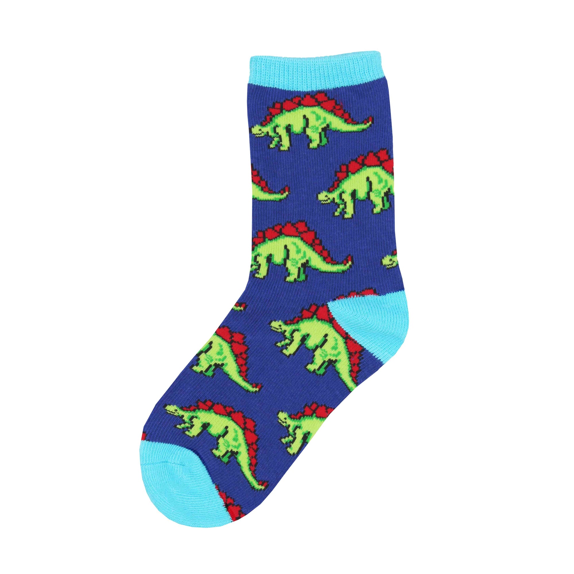 Green and red stegosaurus march across these blue kids' dinosaur socks.