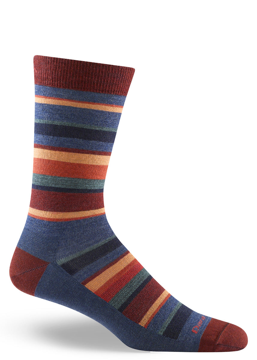 Colorful striped wool socks with a bold mix of blue, red and salmon.