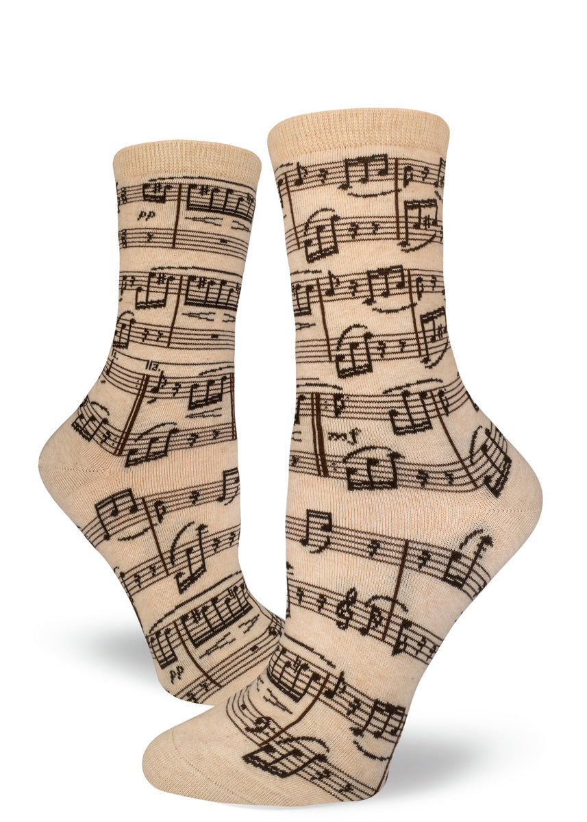 Cream music note socks for women with sheet music for Beethoven&#39;s &quot;Fur Elise.&quot;