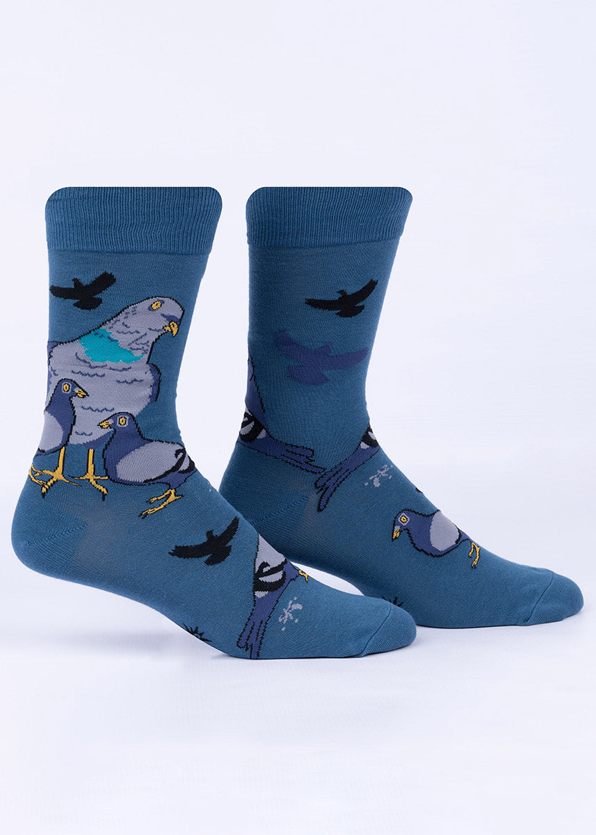 Blue men's crew socks with a knit-in pattern of various pigeons.