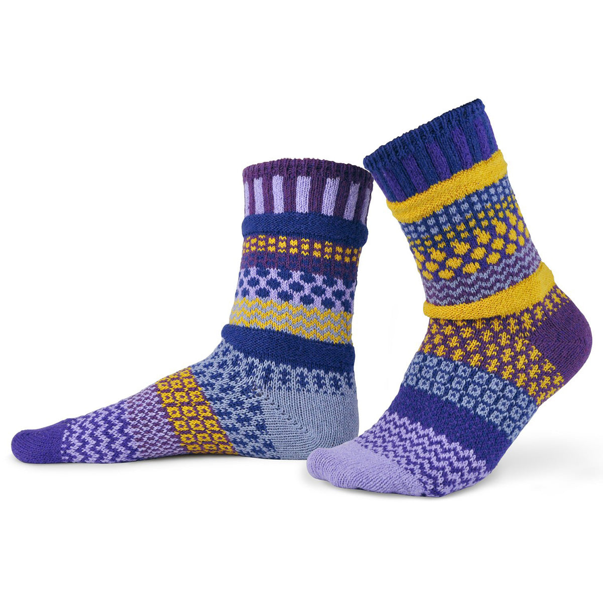 Mismatched socks feature funky patterns in bands of purples and yellows!