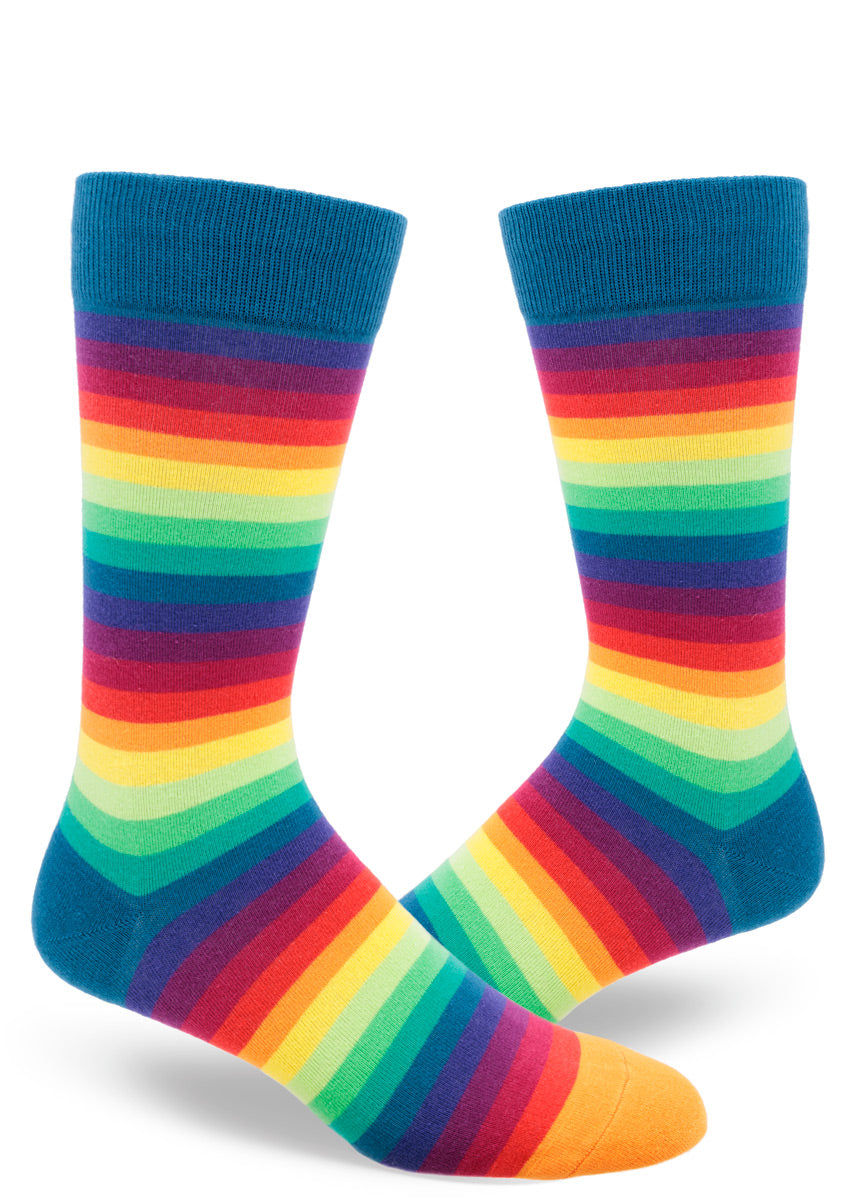 Colorful rainbow gradient men's dress socks with a repeating pattern of stripes in 10 colors that make up the full visible spectrum.