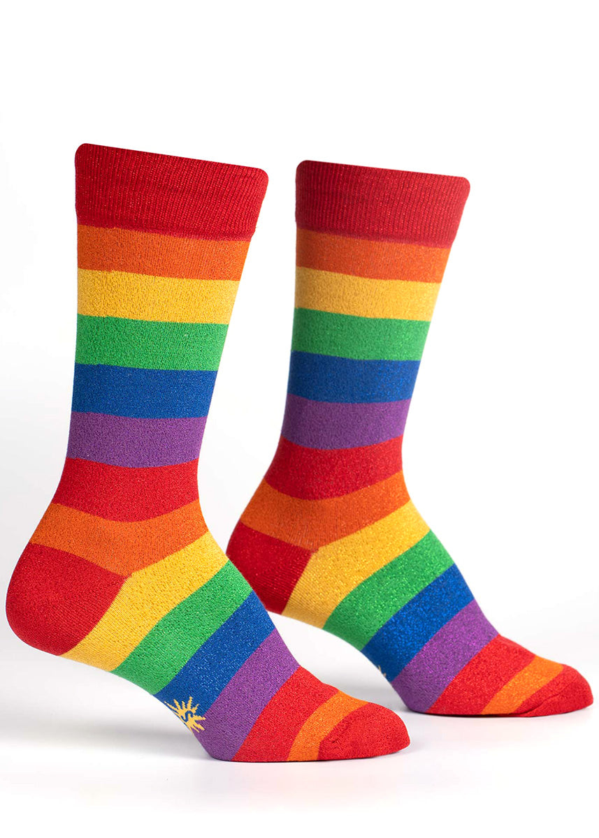 Rainbow stripe crew socks feature a glitter version of every color!