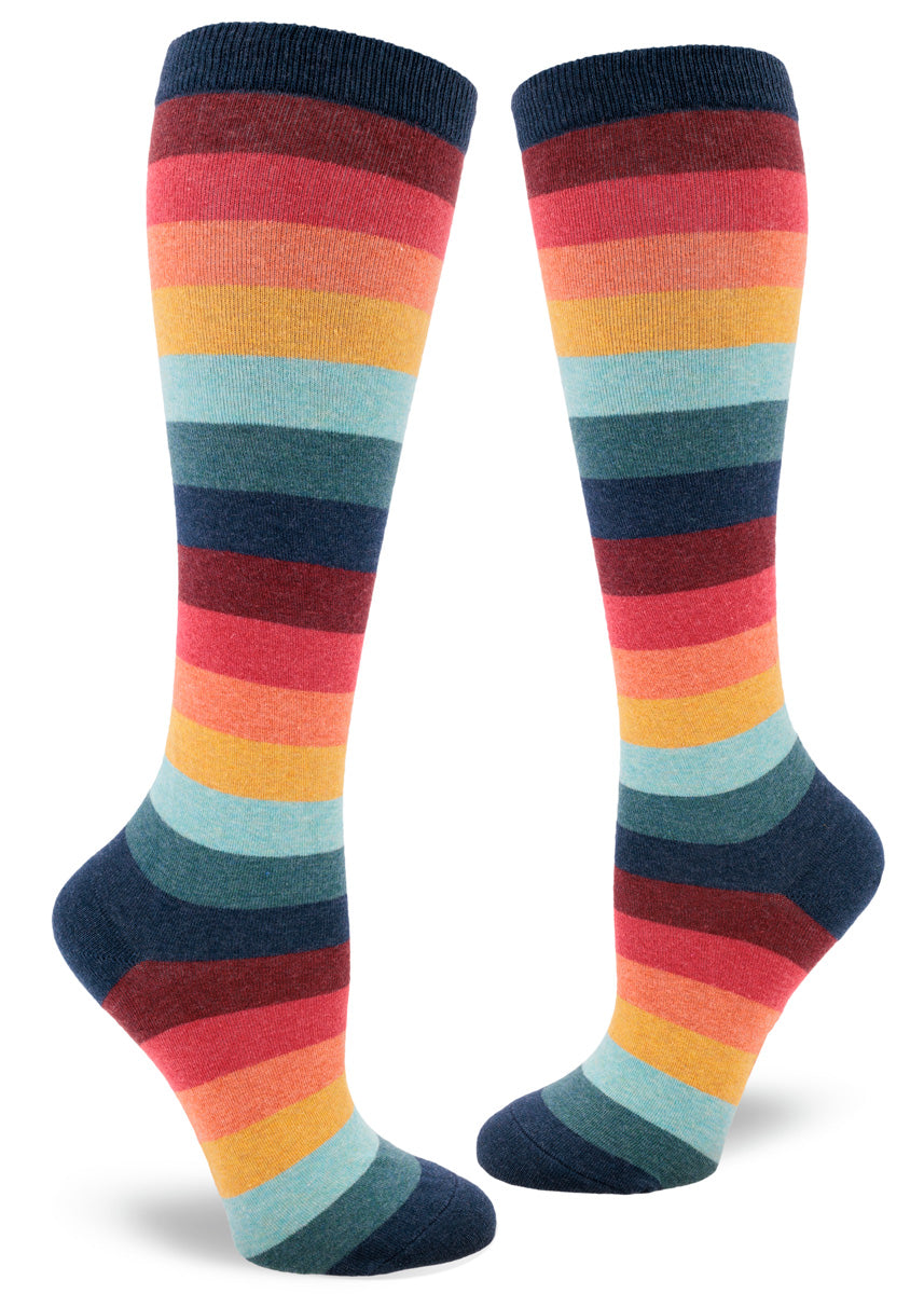 Colorful knee socks in a retro &#39;70s color palette including burgundy, orange, gold, aqua and navy stripes.