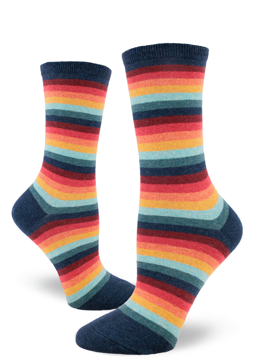 Colorful women&#39;s crew socks in a retro &#39;70s color palette including burgundy, orange, gold, aqua and navy stripes.