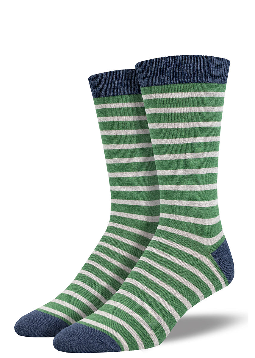 Bamboo socks for men come in a green and gray striped pattern.