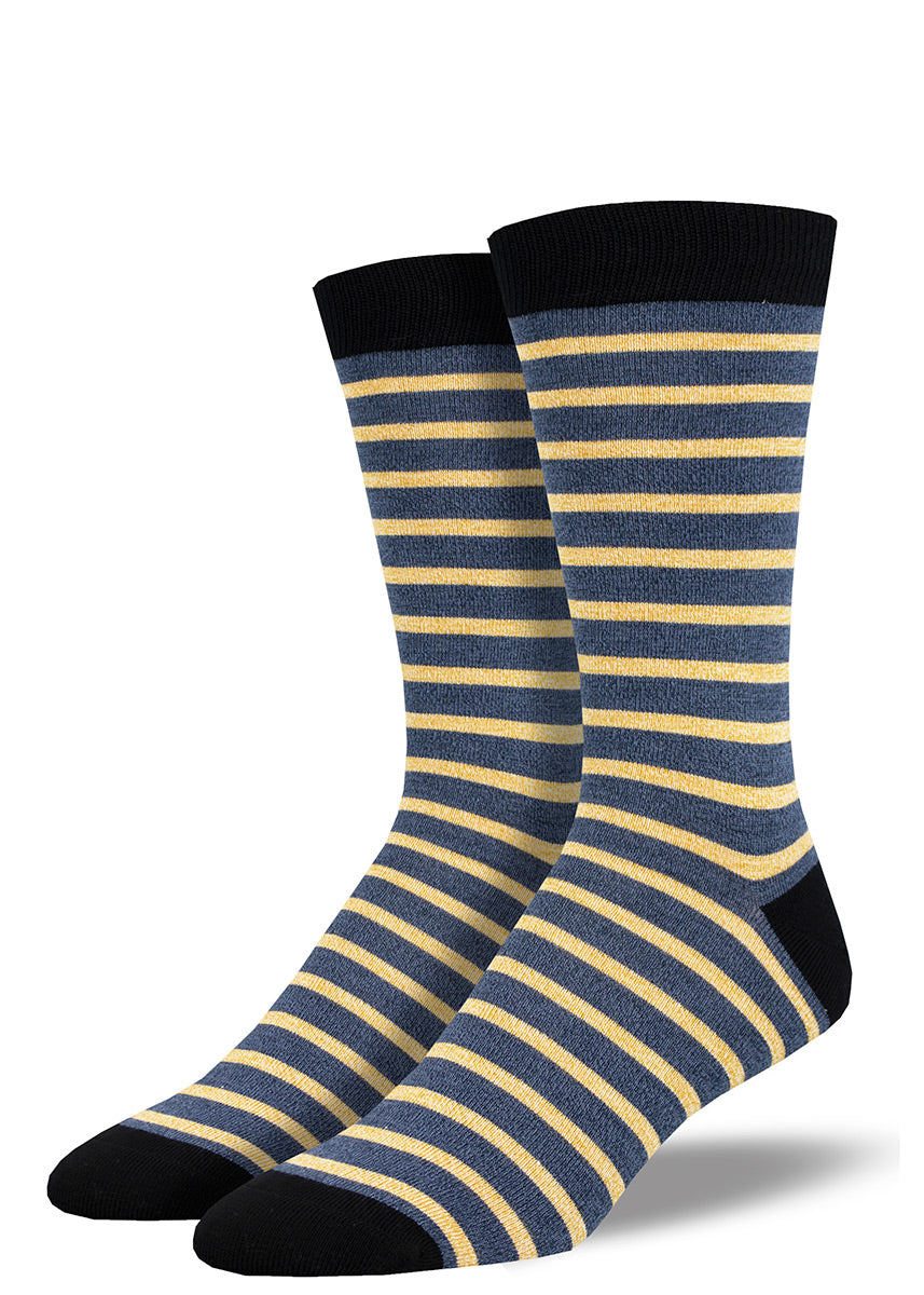 Bamboo socks for men come in a navy and gold striped pattern.