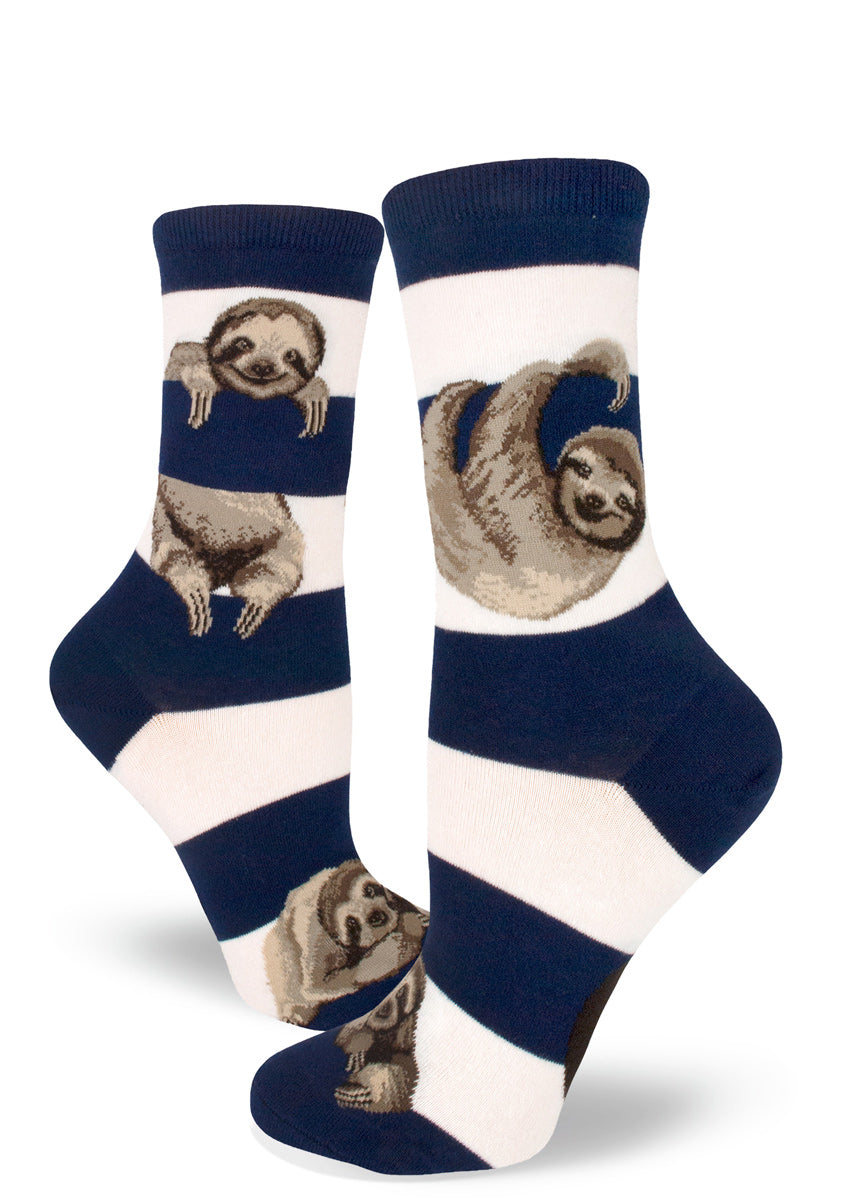 Cute sloth socks for women with sloths hanging between stripes in teal