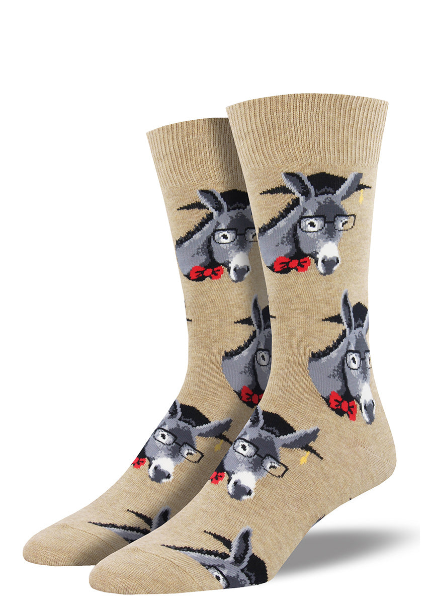 Extra-large crew socks for men feature donkeys wearing graduation caps, bowties and glasses on a taupe background. 